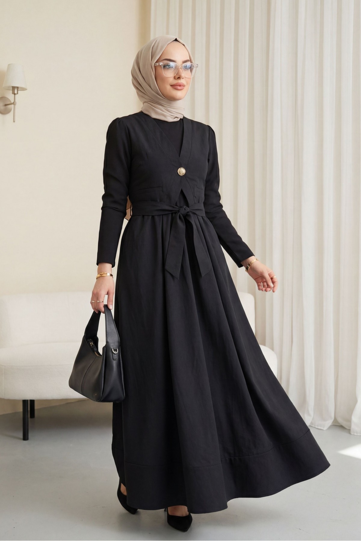 Beli Bağlamalı Lastikli Yelek Detaylı Cupra Elbise -Siyah