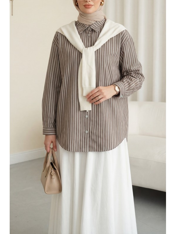Triko Fular Detaylı Çizgili Keten Gömlek -Kahve