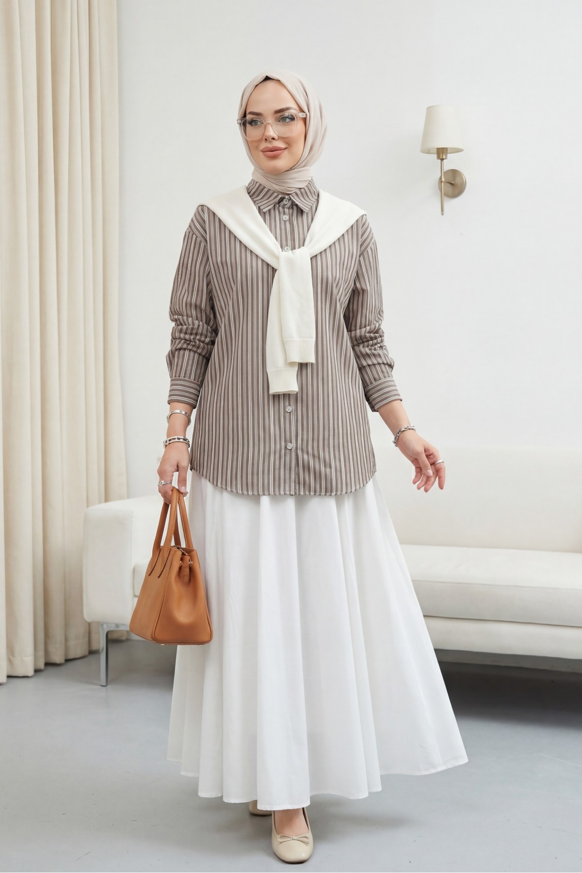 Triko Fular Detaylı Çizgili Keten Gömlek -Kahve