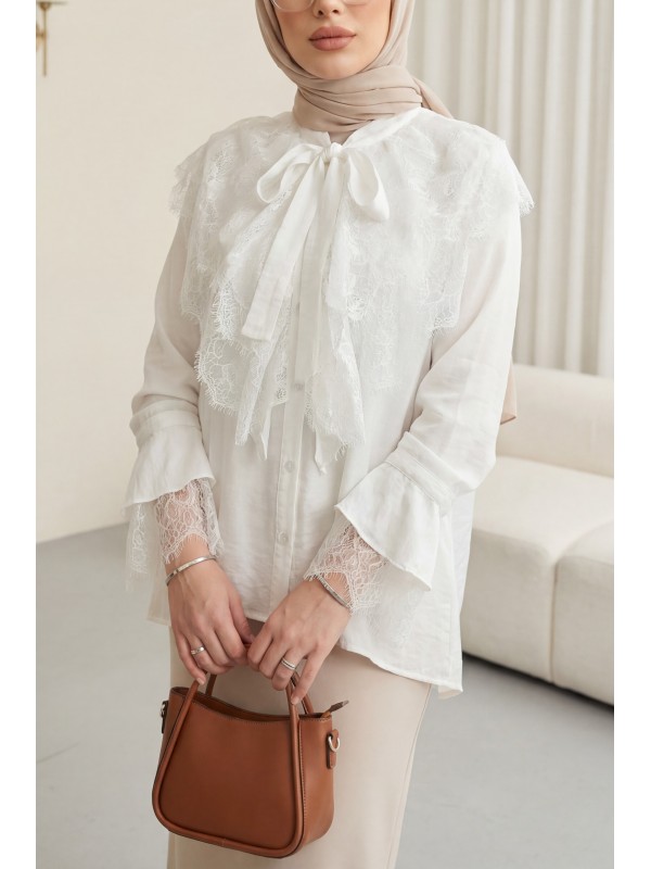 Yakası Bağcıklı Fırfırlı Dantel Detaylı Arkası Uzun Cupra Gömlek  -Beyaz