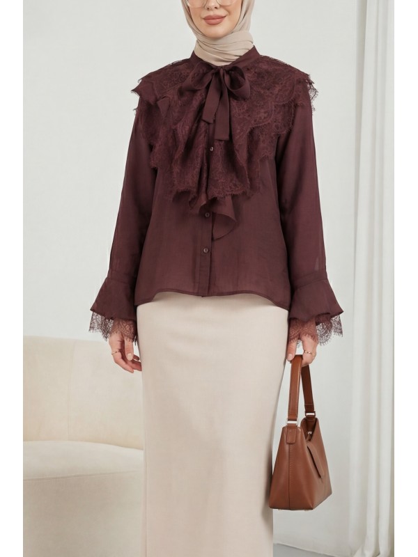 Yakası Bağcıklı Fırfırlı Dantel Detaylı Arkası Uzun Cupra Gömlek  -Mürdüm