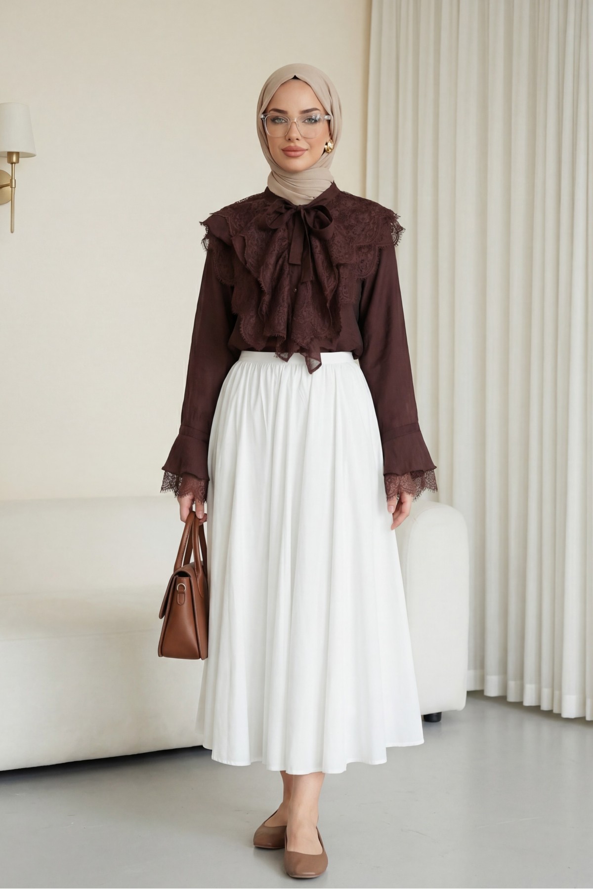 Yakası Bağcıklı Fırfırlı Dantel Detaylı Arkası Uzun Cupra Gömlek  -Mürdüm