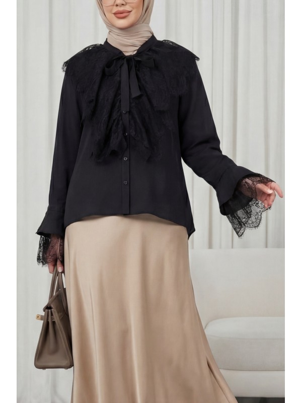 Yakası Bağcıklı Fırfırlı Dantel Detaylı Arkası Uzun Cupra Gömlek  -Siyah