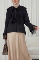Yakası Bağcıklı Fırfırlı Dantel Detaylı Arkası Uzun Cupra Gömlek  -Siyah