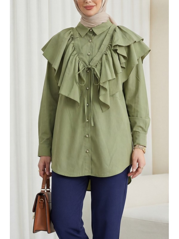 Pelerin Detaylı Düğmeli Oval Kesim Poplin Tunik -Çağla Y.