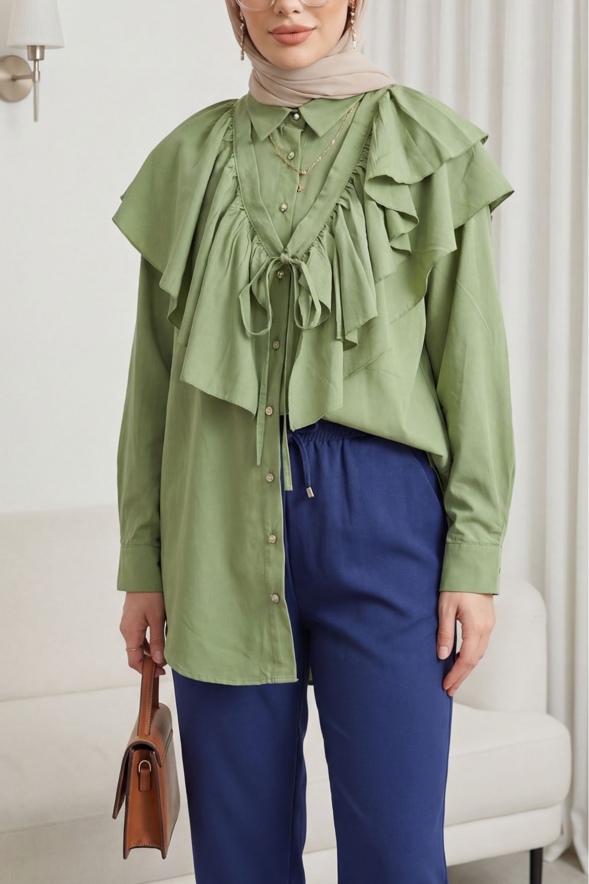 Pelerin Detaylı Düğmeli Oval Kesim Poplin Tunik -Çağla Y.