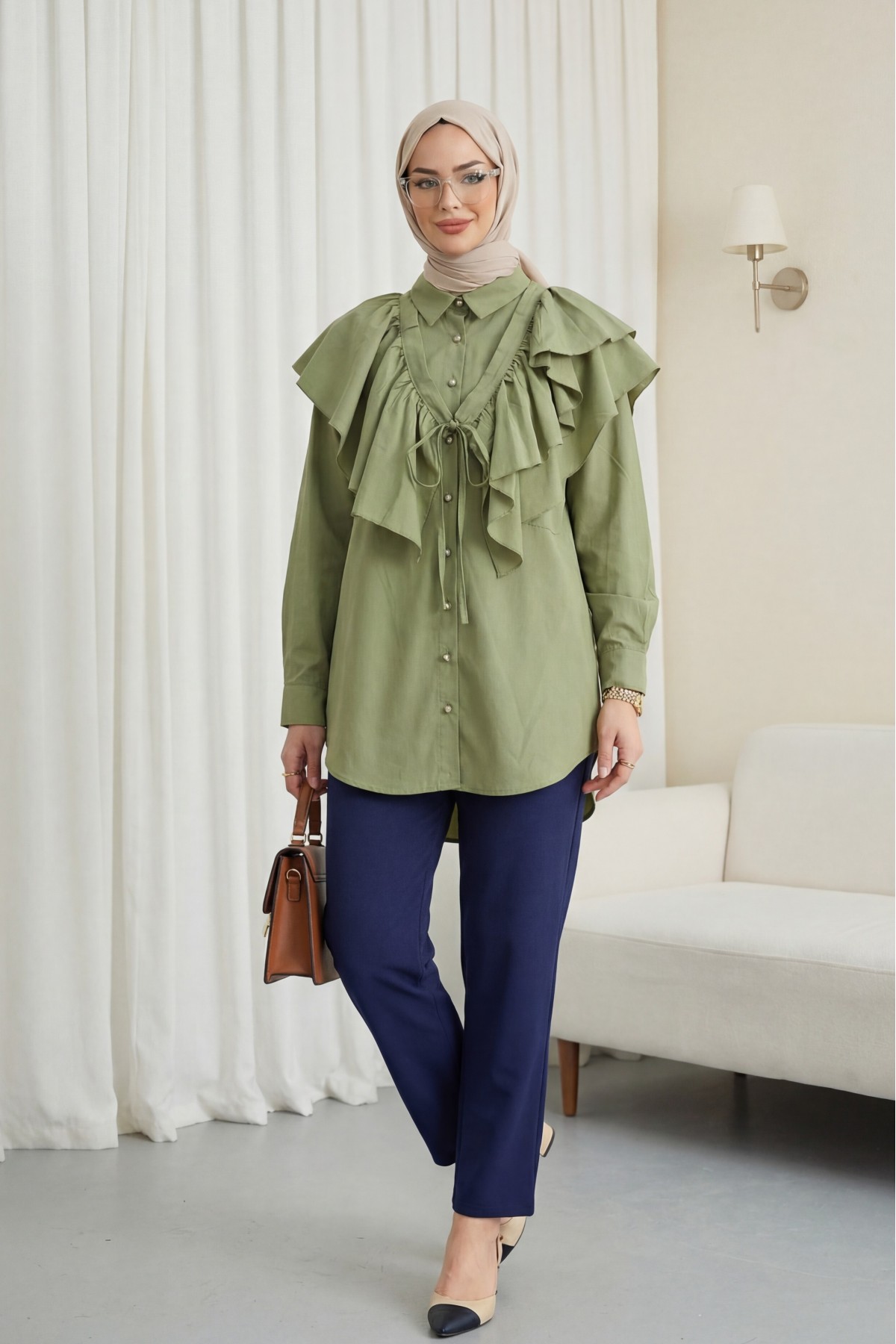 Pelerin Detaylı Düğmeli Oval Kesim Poplin Tunik -Çağla Y.