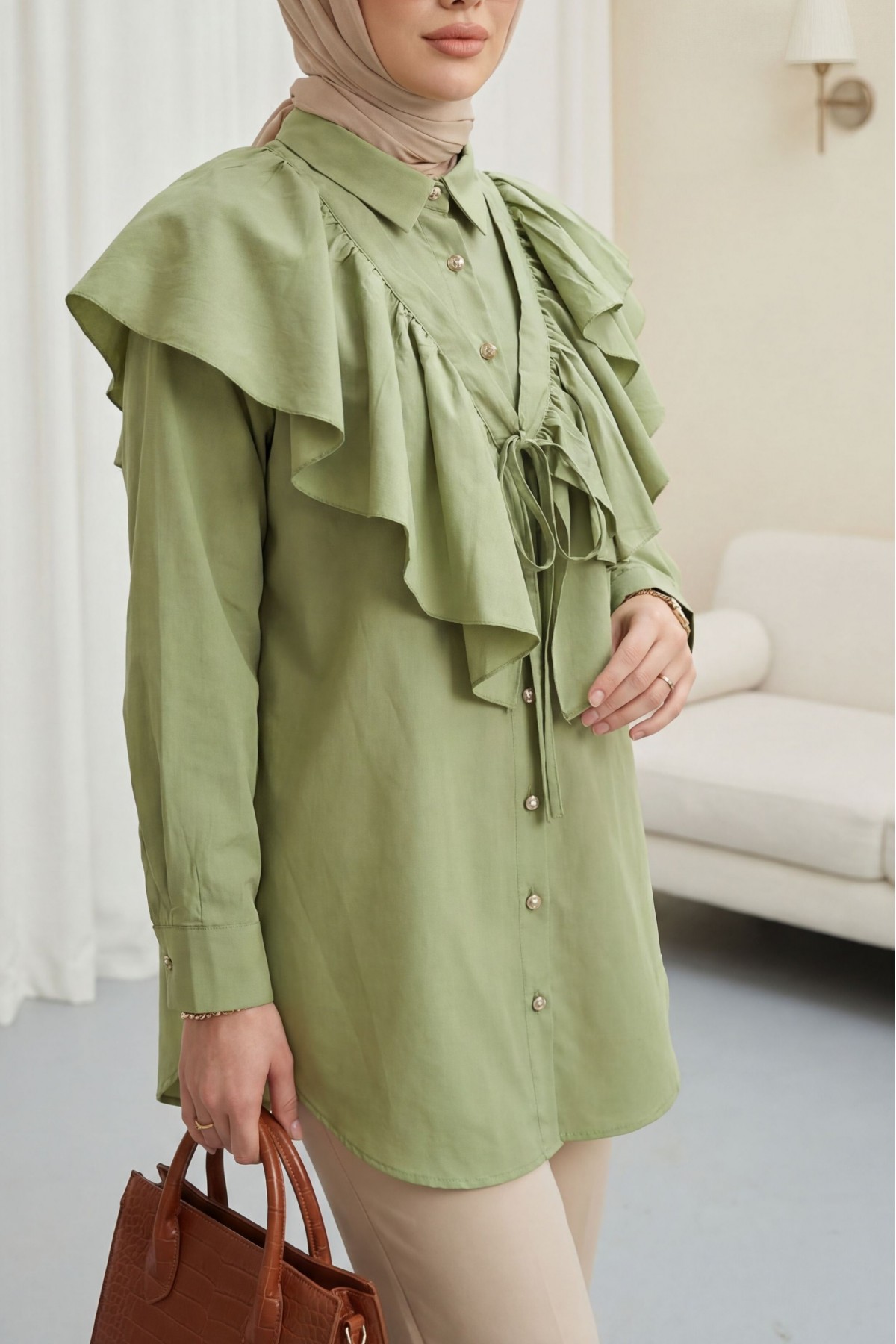 Pelerin Detaylı Düğmeli Oval Kesim Poplin Tunik -Çağla Y.