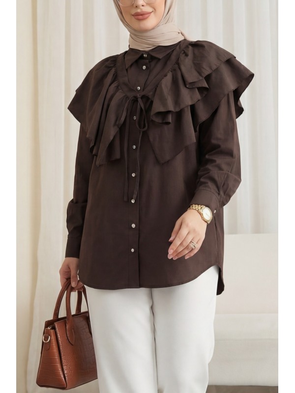 Pelerin Detaylı Düğmeli Oval Kesim Poplin Tunik -K. Kahve