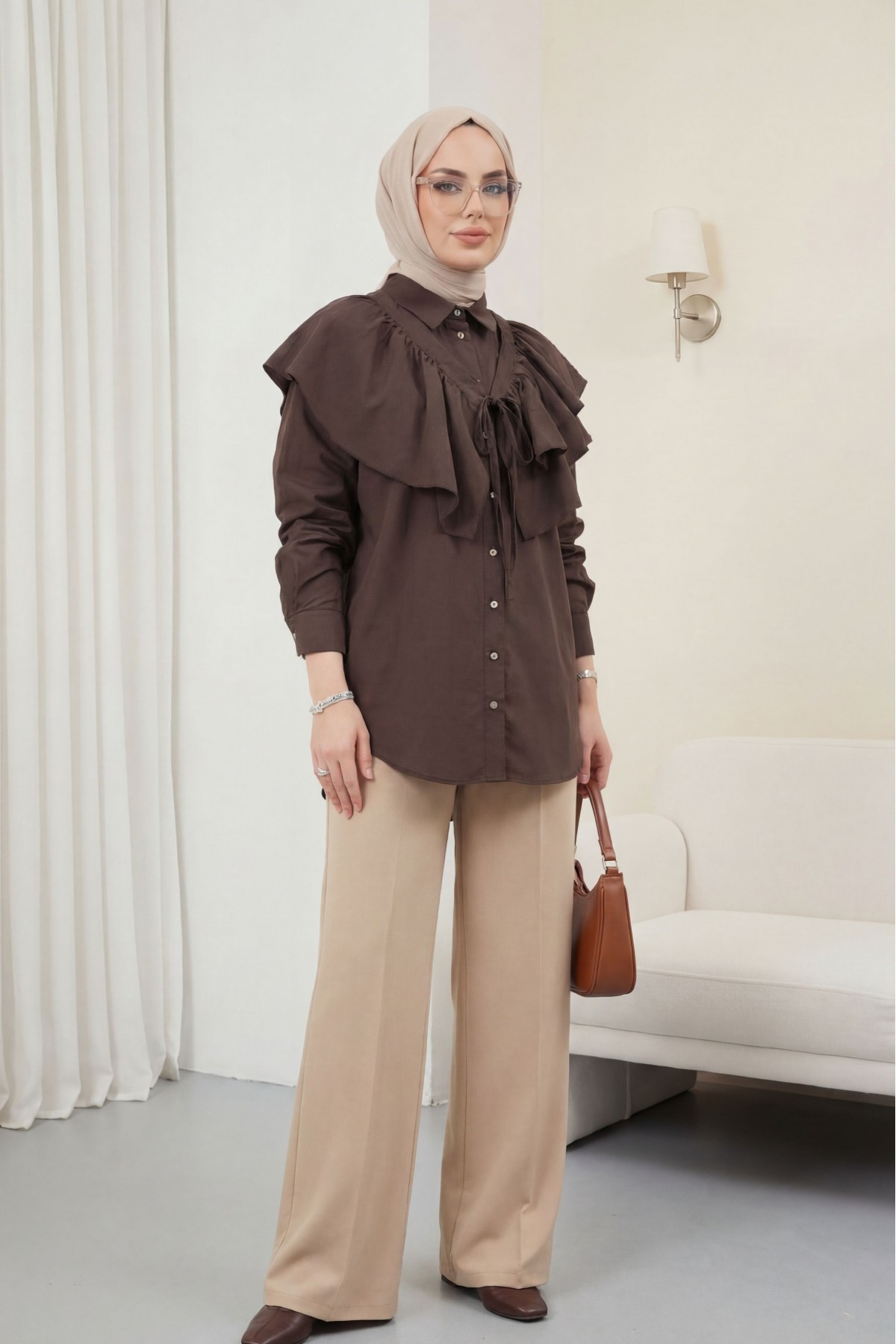 Pelerin Detaylı Düğmeli Oval Kesim Poplin Tunik -K. Kahve