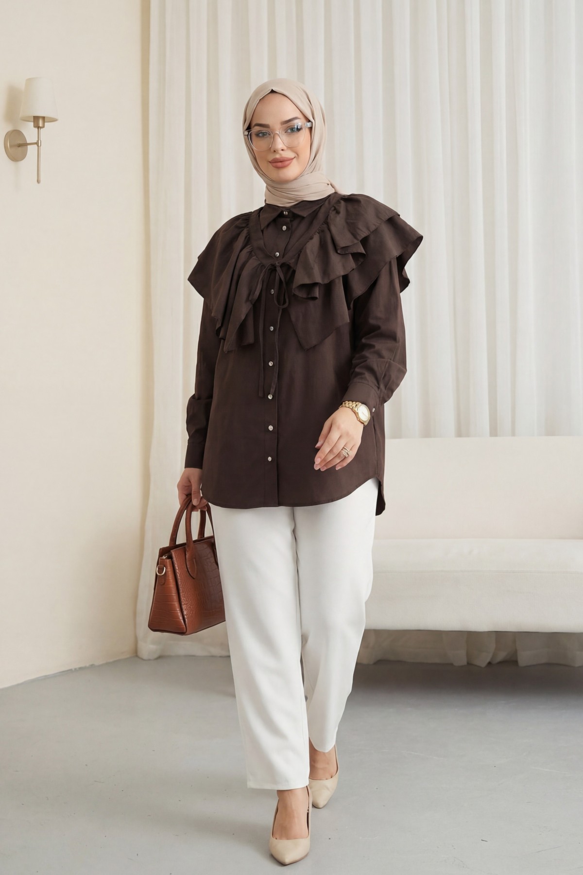 Pelerin Detaylı Düğmeli Oval Kesim Poplin Tunik -K. Kahve