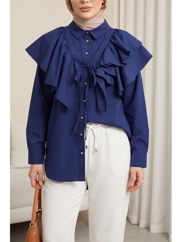 Pelerin Detaylı Düğmeli Oval Kesim Poplin Tunik -Laci