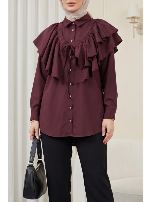 Pelerin Detaylı Düğmeli Oval Kesim Poplin Tunik -Mürdüm