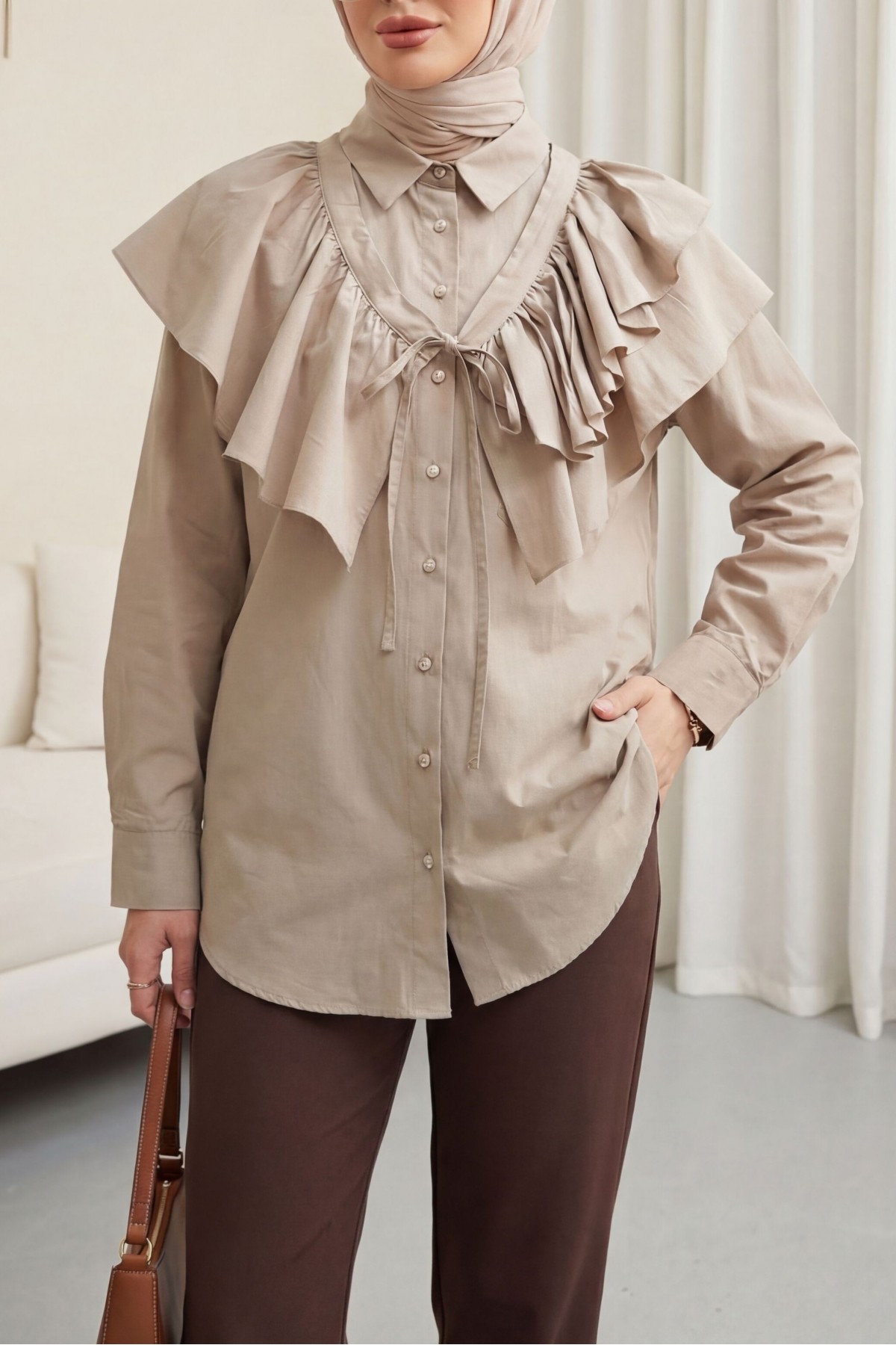 Pelerin Detaylı Düğmeli Oval Kesim Poplin Tunik -Taş