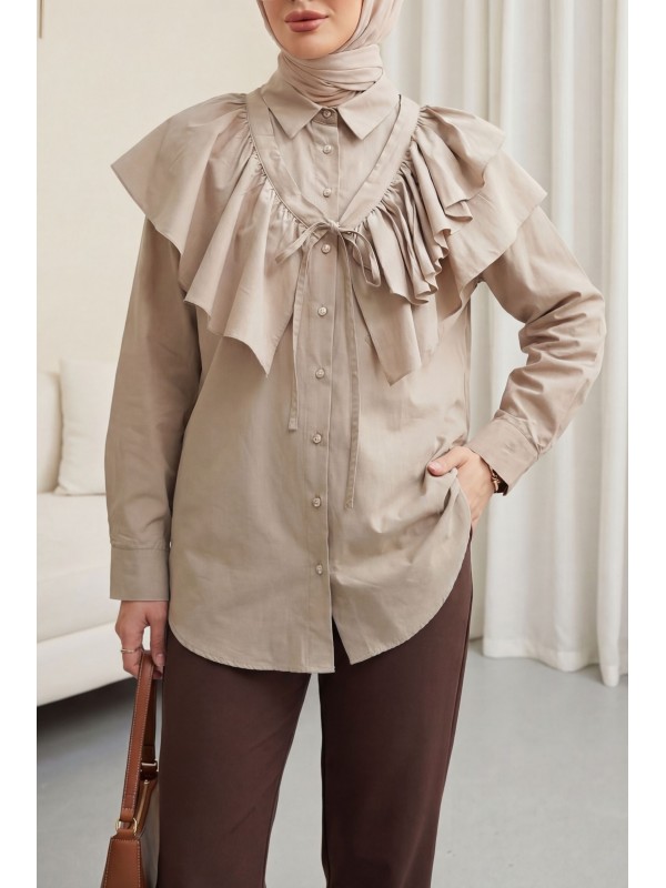 Pelerin Detaylı Düğmeli Oval Kesim Poplin Tunik -Taş