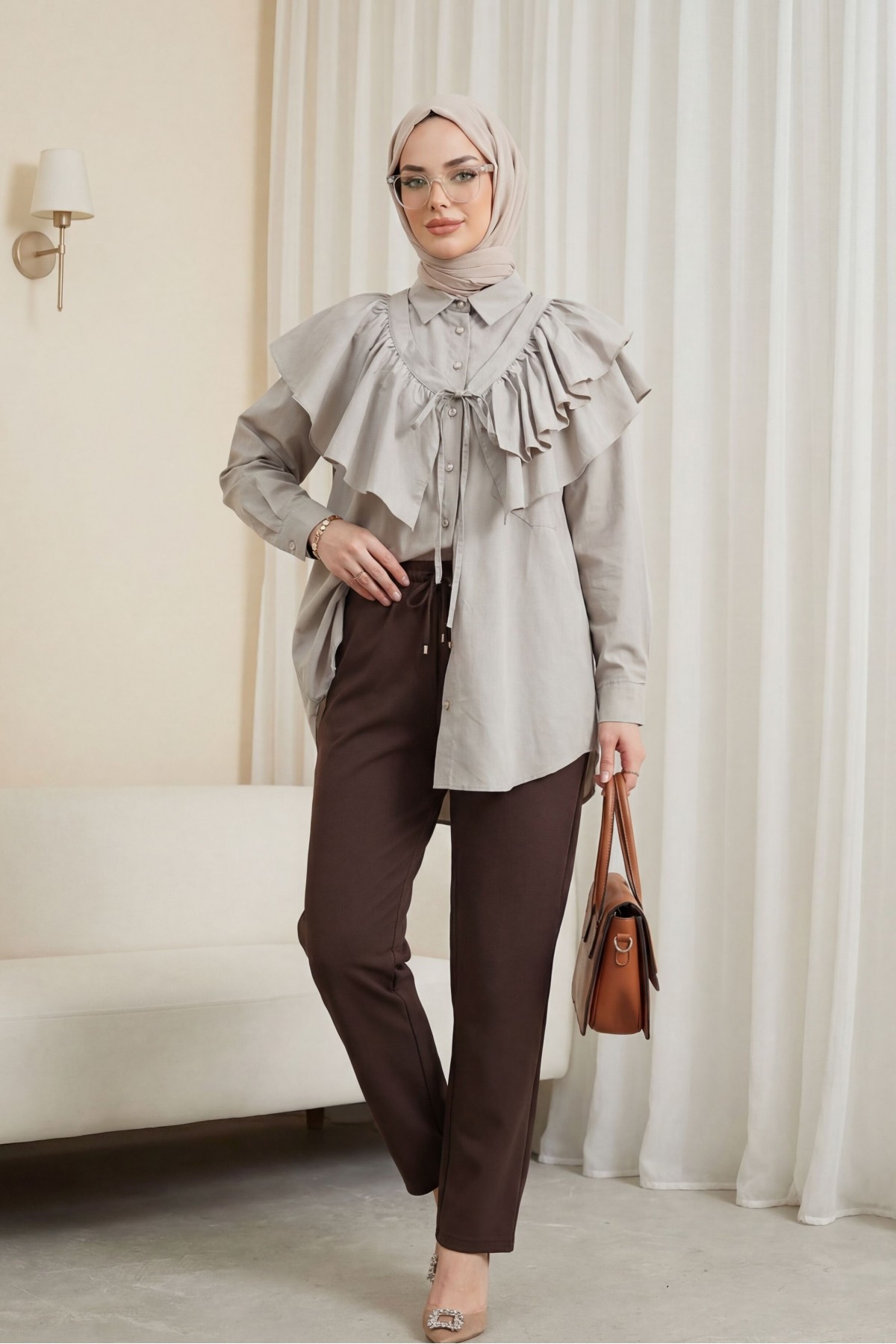 Pelerin Detaylı Düğmeli Oval Kesim Poplin Tunik -Taş