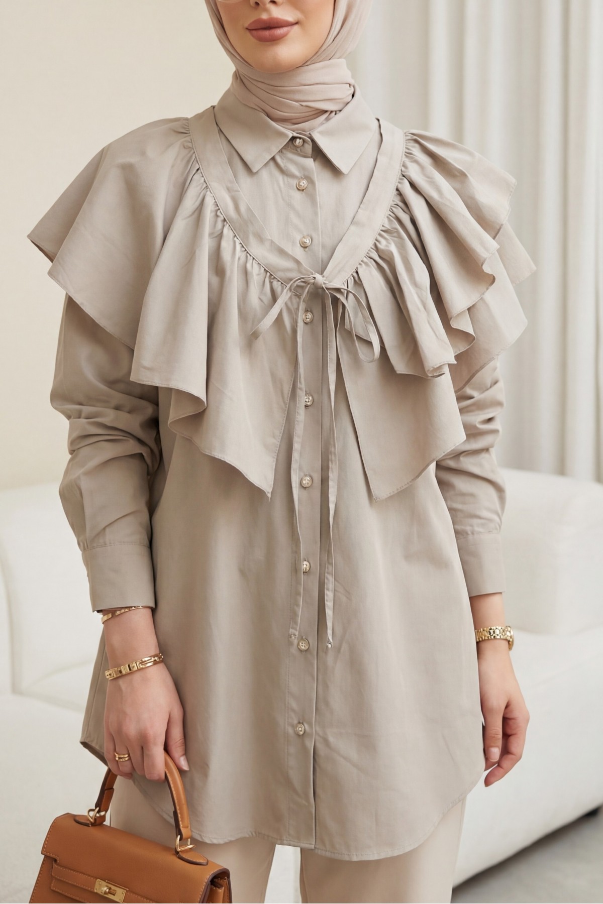 Pelerin Detaylı Düğmeli Oval Kesim Poplin Tunik -Taş