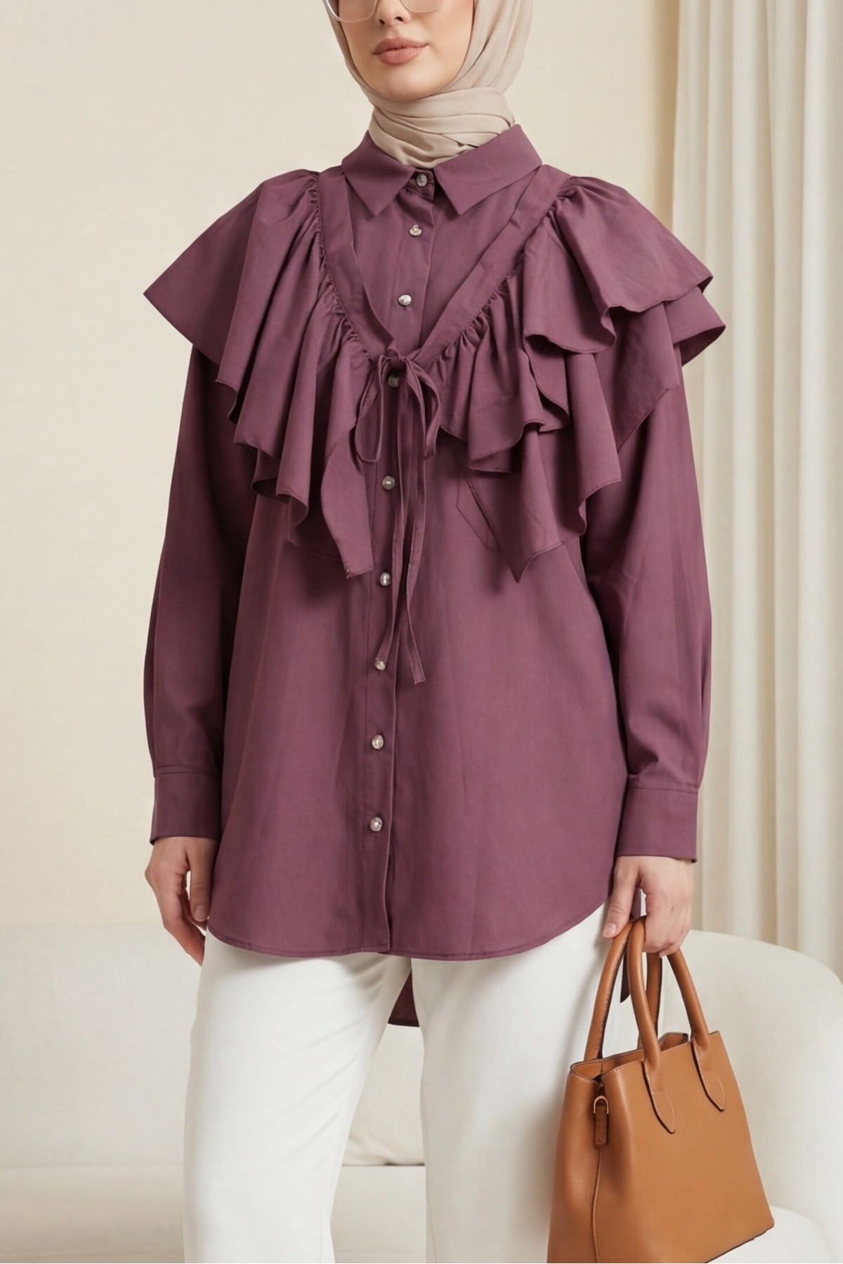 Pelerin Detaylı Düğmeli Oval Kesim Poplin Tunik -Vişne