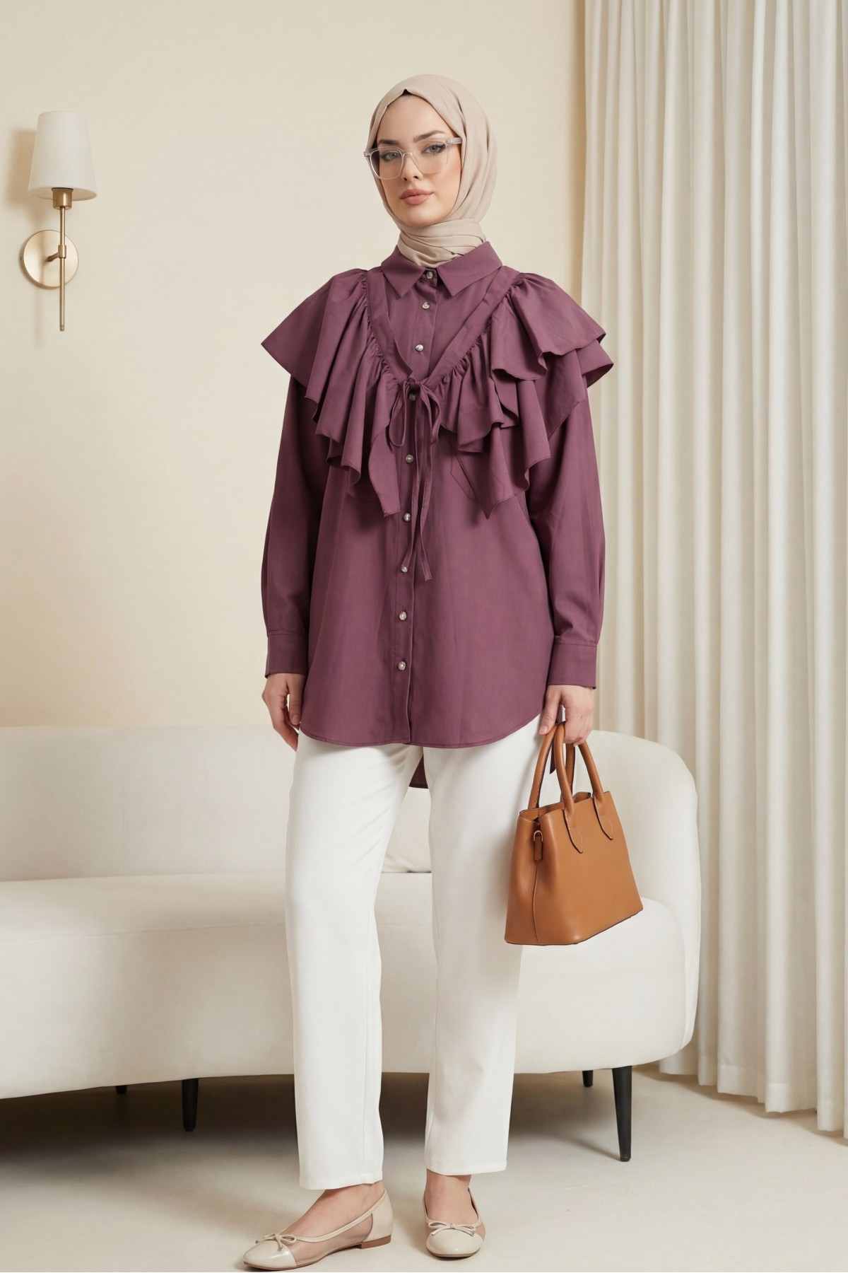 Pelerin Detaylı Düğmeli Oval Kesim Poplin Tunik -Vişne