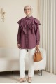 Pelerin Detaylı Düğmeli Oval Kesim Poplin Tunik -Vişne