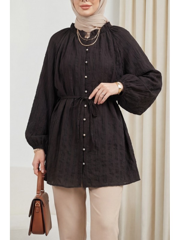 Yakası Fırfırlı Balon Kol Biritli Gofre Gömlek -K. Kahve