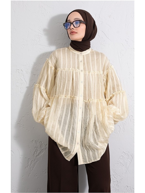 Dik Yaka Sim Çizgili Balon Kol Oversize Gofre Tunik -Açık Sarı