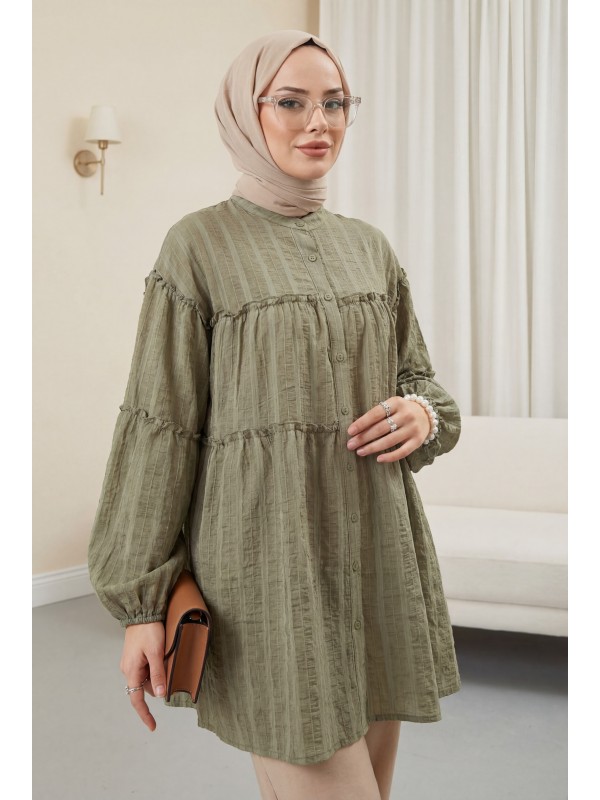 Dik Yaka Sim Çizgili Balon Kol Oversize Gofre Tunik -Haki