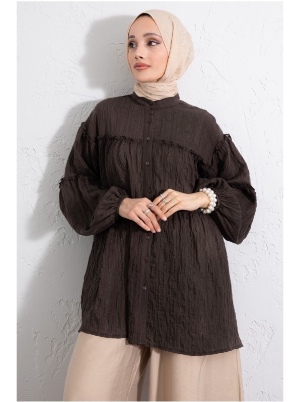 Dik Yaka Sim Çizgili Balon Kol Oversize Gofre Tunik -K. Kahve