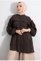 Dik Yaka Sim Çizgili Balon Kol Oversize Gofre Tunik -K. Kahve