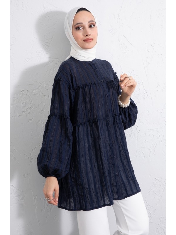 Dik Yaka Sim Çizgili Balon Kol Oversize Gofre Tunik -Laci