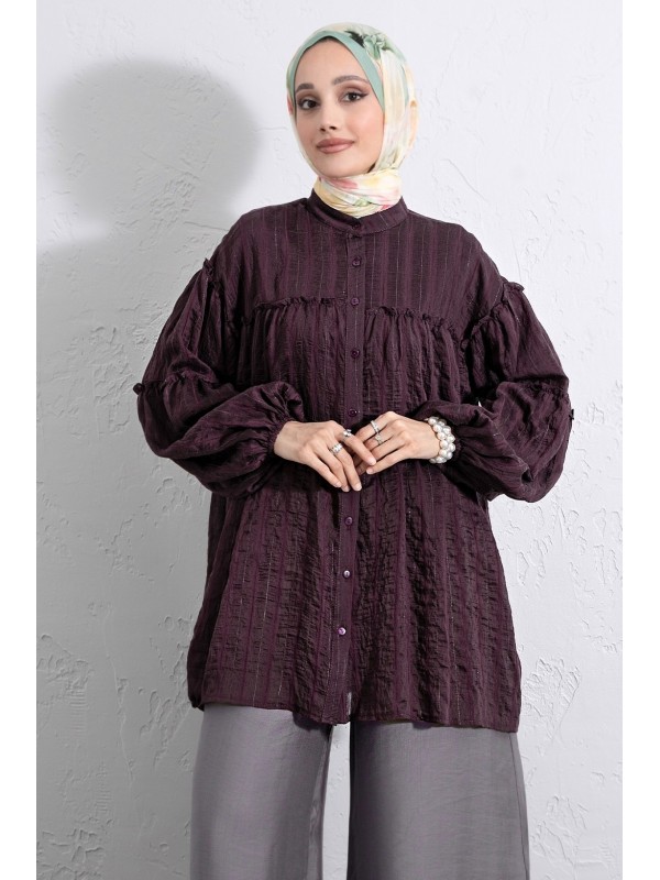 Dik Yaka Sim Çizgili Balon Kol Oversize Gofre Tunik -Mürdüm