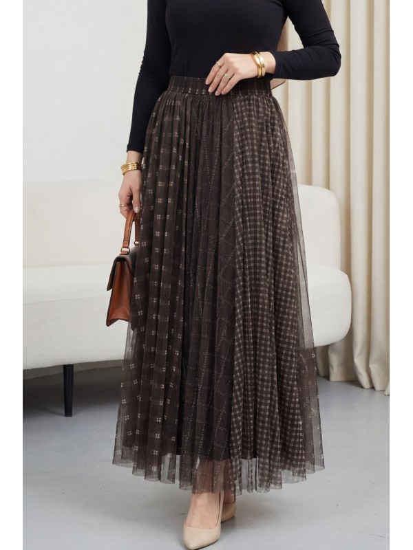 Kare Desen Beli Lastikli Astarlı Tül Etek -Kahve