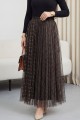 Kare Desen Beli Lastikli Astarlı Tül Etek -Kahve