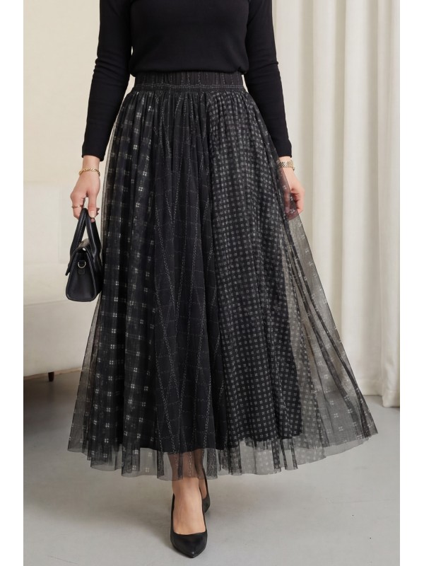 Kare Desen Beli Lastikli Astarlı Tül Etek -Siyah