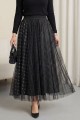 Kare Desen Beli Lastikli Astarlı Tül Etek -Siyah