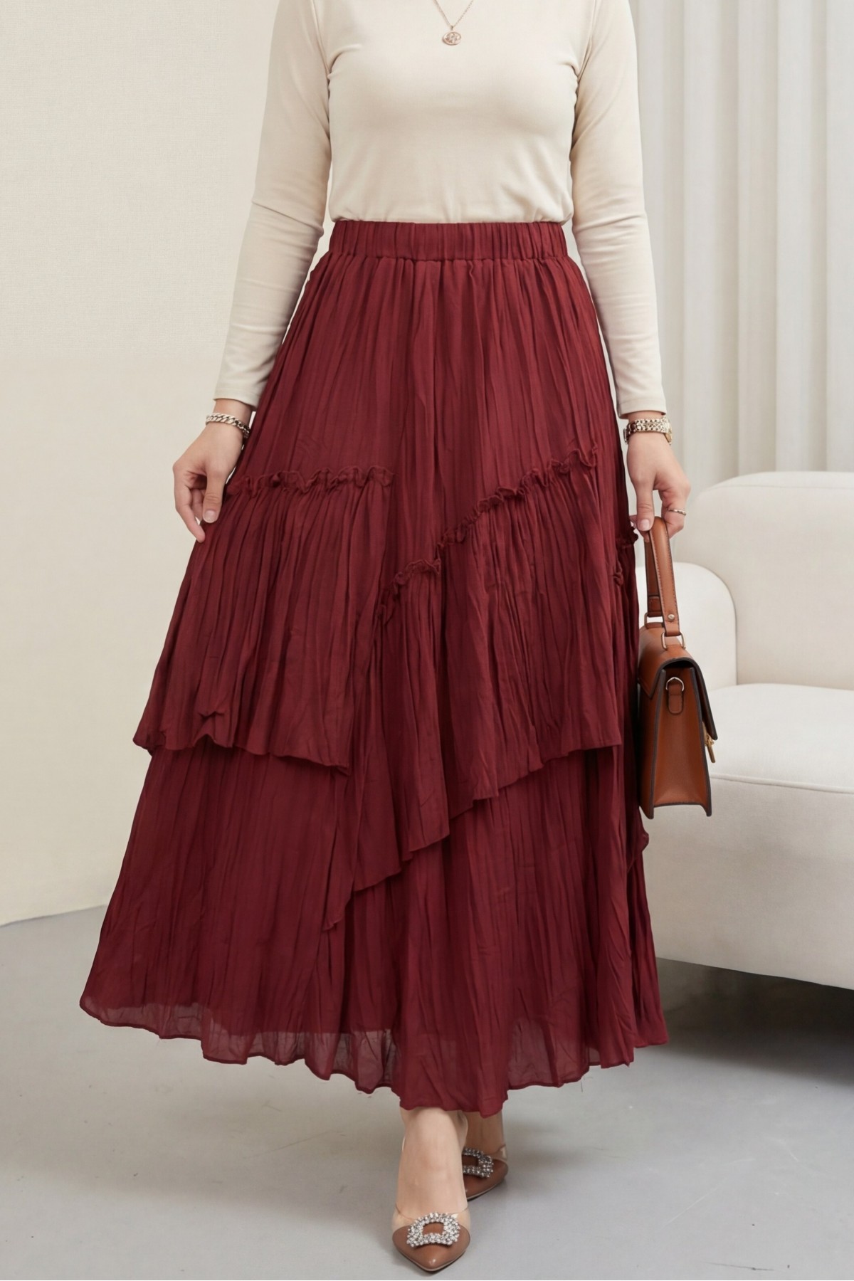 Beli Lastikli Keten Vual Katlı Etek -Bordo