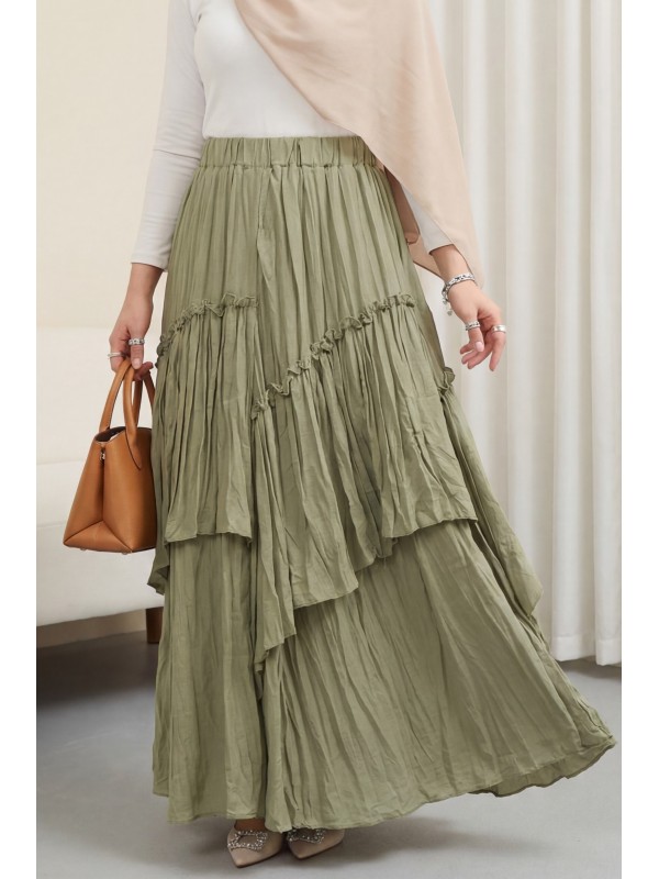 Beli Lastikli Keten Vual Katlı Etek -Çağla Y.