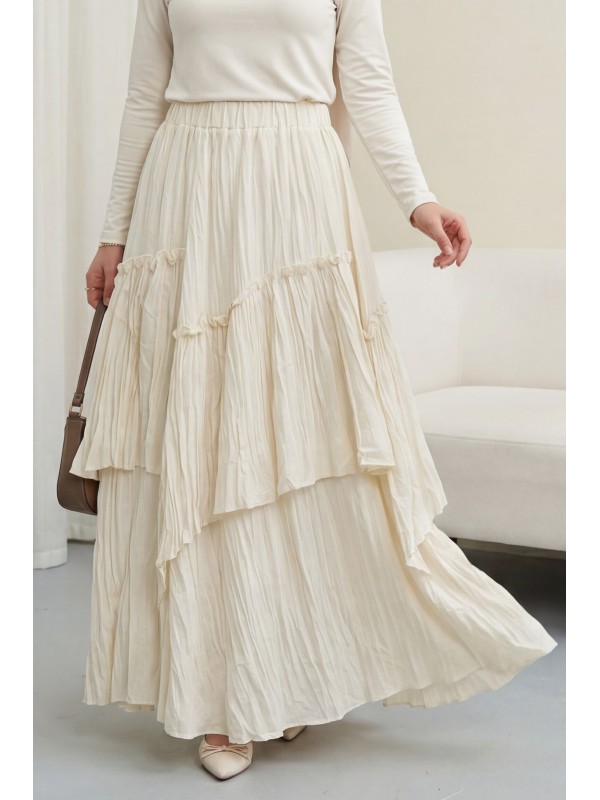 Beli Lastikli Keten Vual Katlı Etek -Ekru