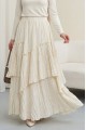 Beli Lastikli Keten Vual Katlı Etek -Ekru