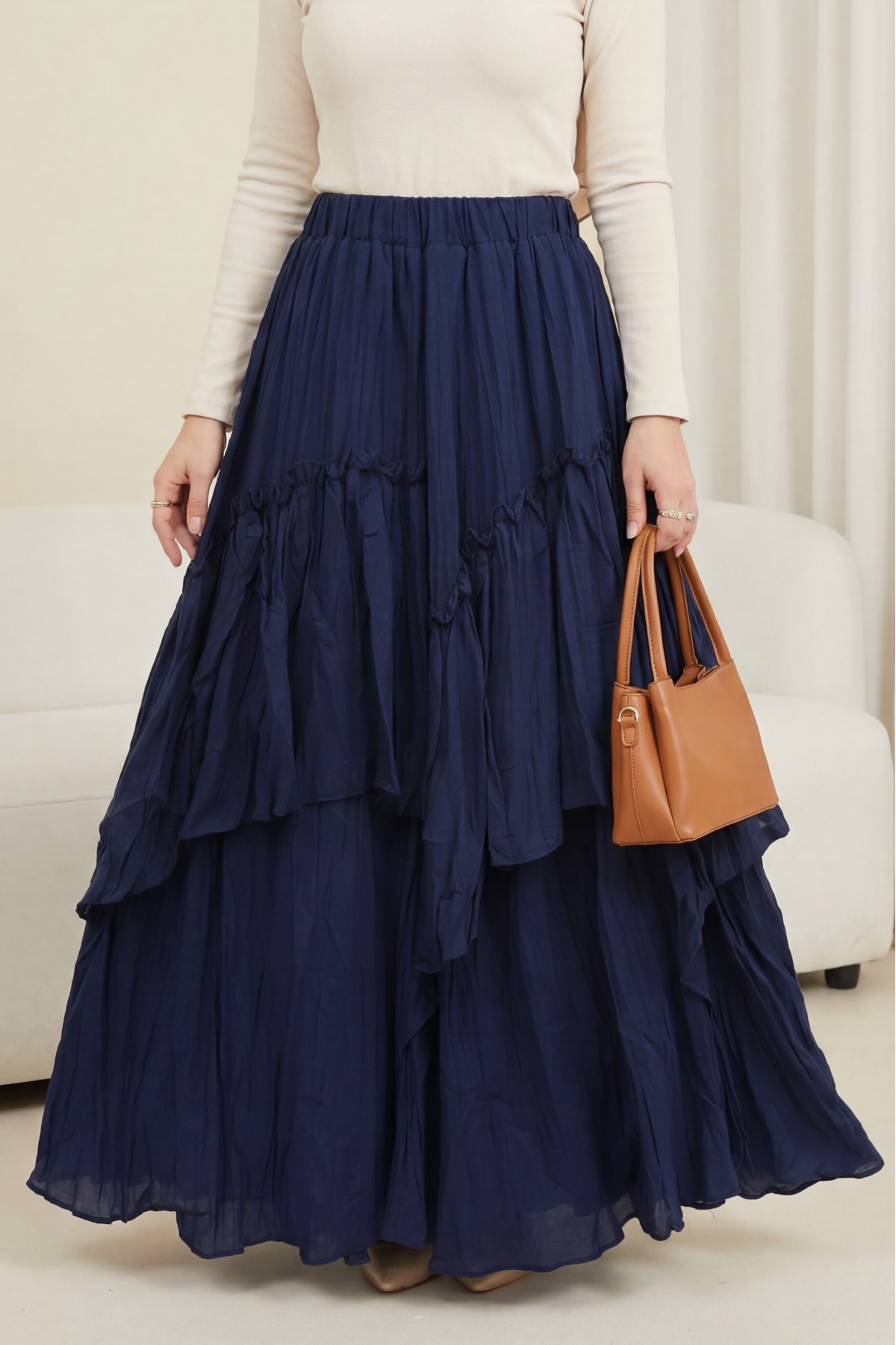 Beli Lastikli Keten Vual Katlı Etek -Laci