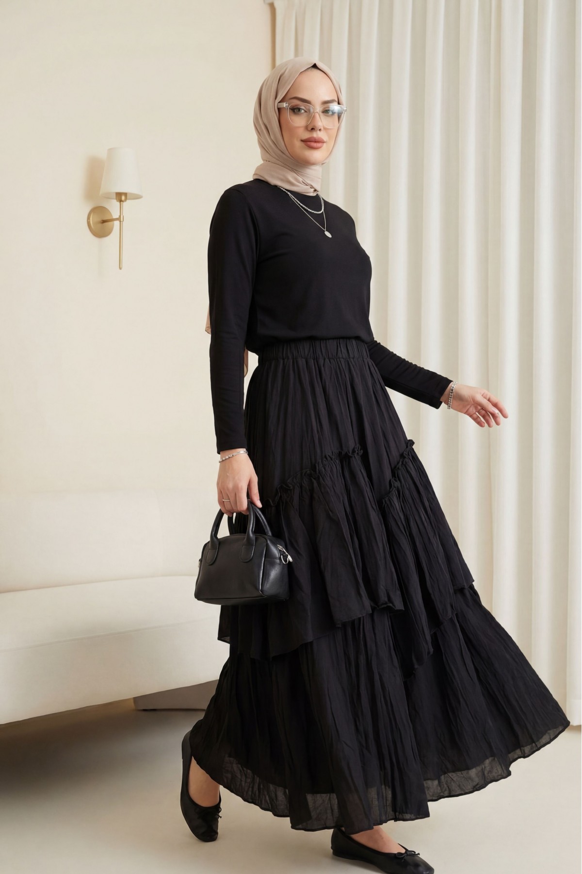 Beli Lastikli Keten Vual Katlı Etek -Siyah