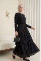 Beli Lastikli Keten Vual Katlı Etek -Siyah