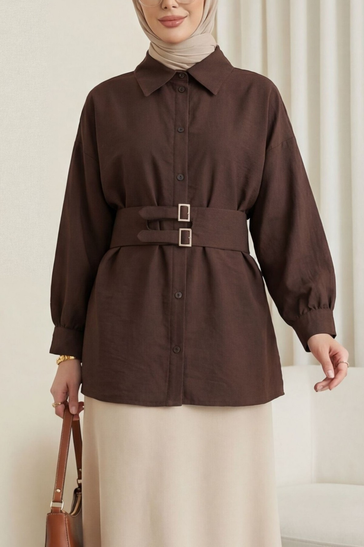 Çift Tokalı Lastikli Kemerli Önü Düğmeli Cupra Gömlek -K. Kahve