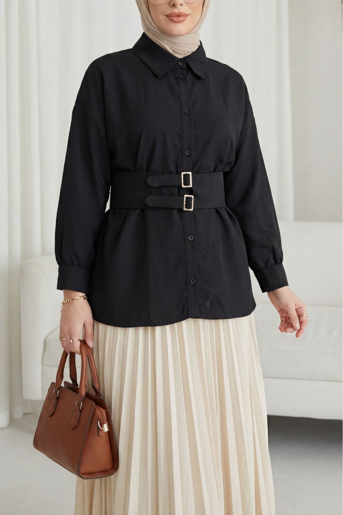 Çift Tokalı Lastikli Kemerli Önü Düğmeli Cupra Gömlek -Siyah