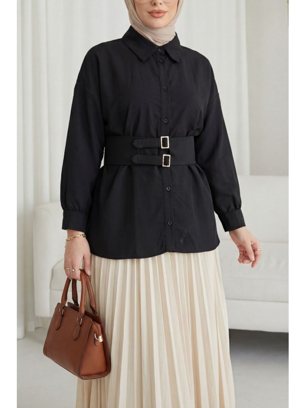 Çift Tokalı Lastikli Kemerli Önü Düğmeli Cupra Gömlek -Siyah