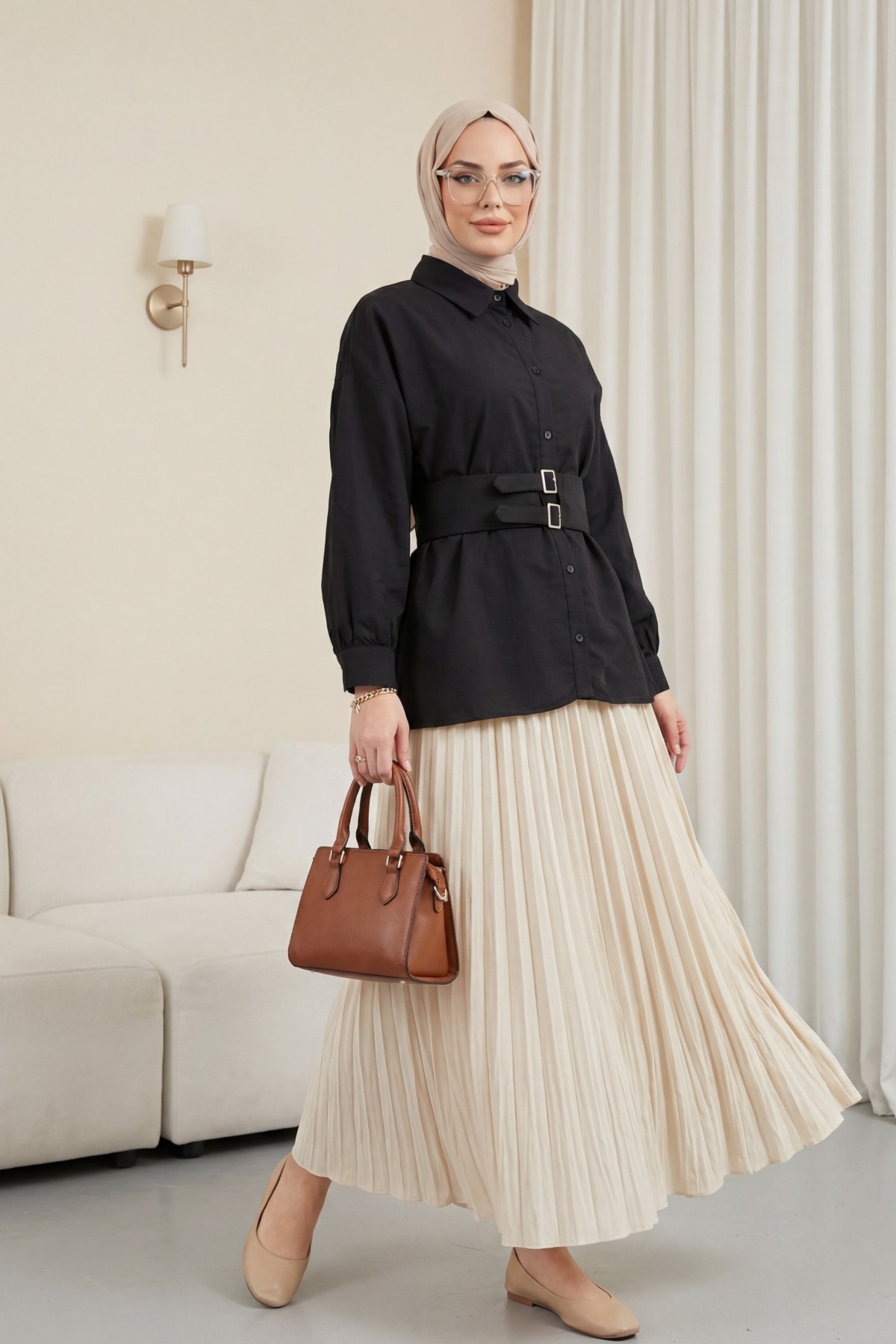 Çift Tokalı Lastikli Kemerli Önü Düğmeli Cupra Gömlek -Siyah