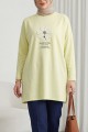 Önü Çiçek Nakışlı Bisiklet Yaka Penye Tunik -Açık Sarı