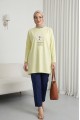 Önü Çiçek Nakışlı Bisiklet Yaka Penye Tunik -Açık Sarı