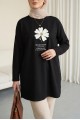 Önü Çiçek Nakışlı Bisiklet Yaka Penye Tunik -Siyah