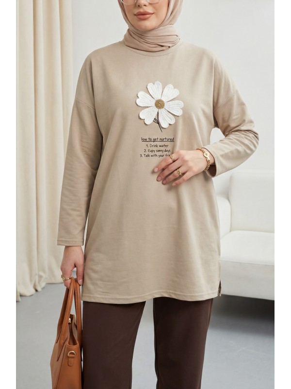 Önü Çiçek Nakışlı Bisiklet Yaka Penye Tunik -Vizon